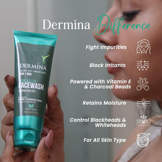 DERMINA Acne Killer Facewash with Glycolic Acid, AHA, BHA, Vitamin E & Charcoal Beads For Acne & Pimple Free Skin | For Normal to Oily Skin Type | Women & Men