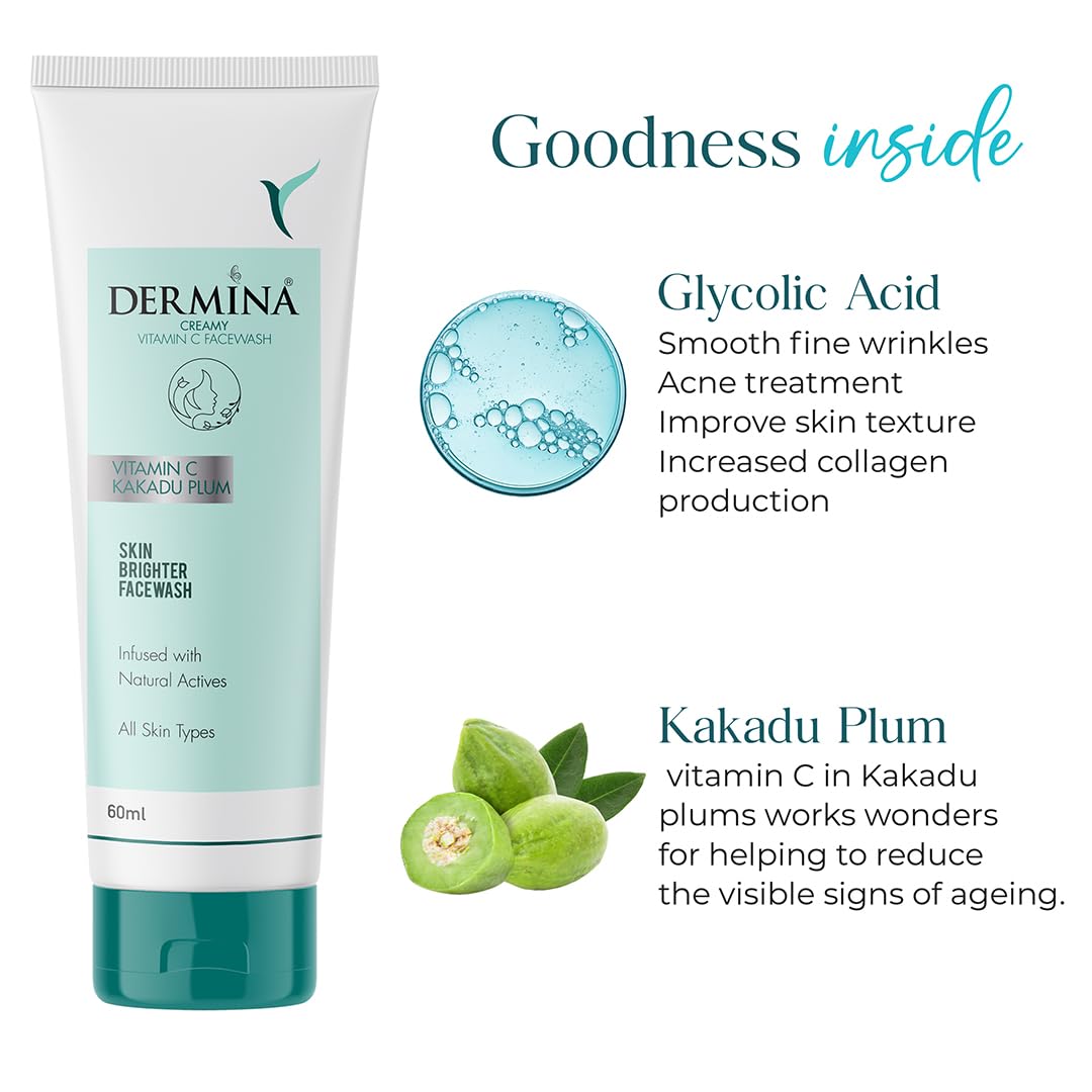 DERMINA Creamy Vitamin C Face Wash with Kakadu Plum for Clean & Glowing Skin | Oil Free Skin & Instant Glow | For All Skin Types | Women & Men