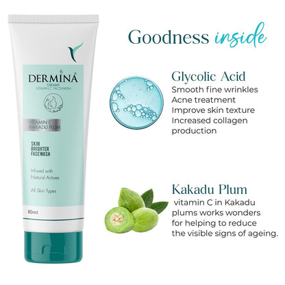 DERMINA Creamy Vitamin C Face Wash with Kakadu Plum for Clean & Glowing Skin | Oil Free Skin & Instant Glow | For All Skin Types | Women & Men