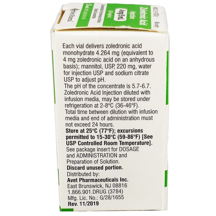 Zoledronic Acid Injection 4 mg/ 5 mL (0.8 mg/mL) Single-Dose Viial 5 mL (RX)